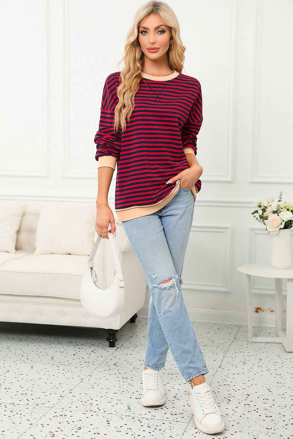 Red Stripe Contrast Ribbed Trim Crossed Stitch Drop Shoulder Sweatshirt 0599cbedadd304c4
