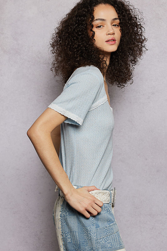 Lace Detail V-Neck Short Sleeve Textured T-Shirt 05a18f3a-cfbb-4c5b-9d82-bc57c50e2661-Max