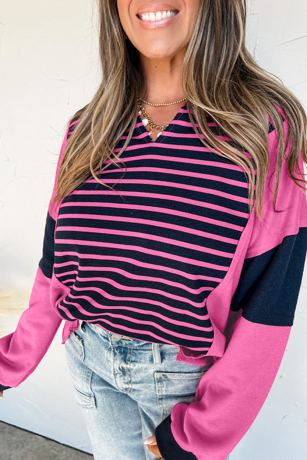 Pink Stripe Color Block V Neck Loose Fit Long Sleeve Top Pink Stripe 100%Polyester 05a398ca54487349