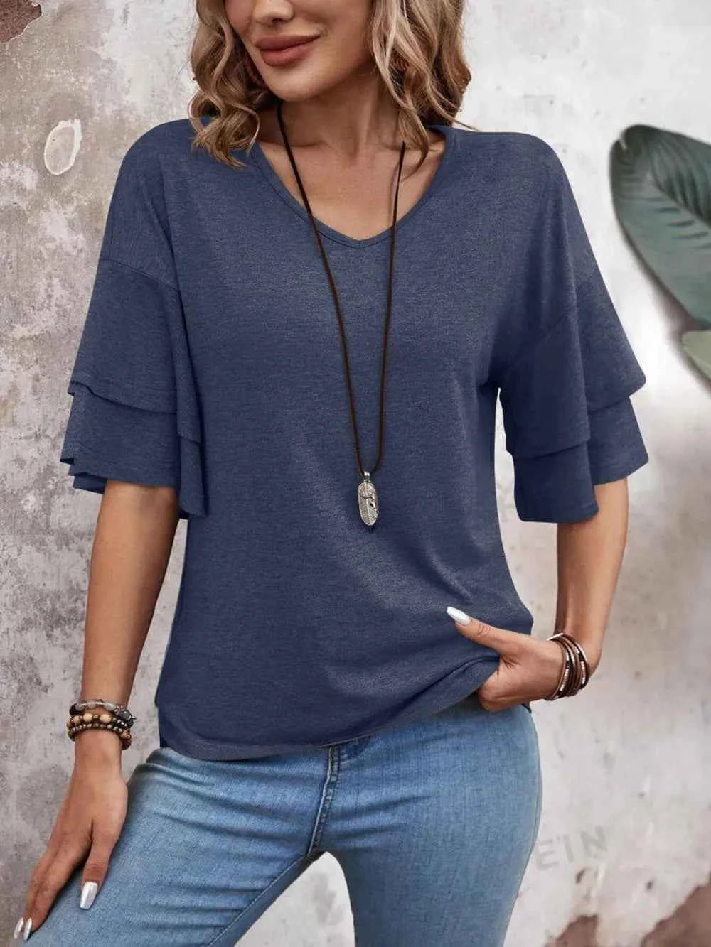 V-Neck Half Sleeve Blouse Indigo 05a724bb-826c-4a26-bb15-8bf21850a4cb-Max
