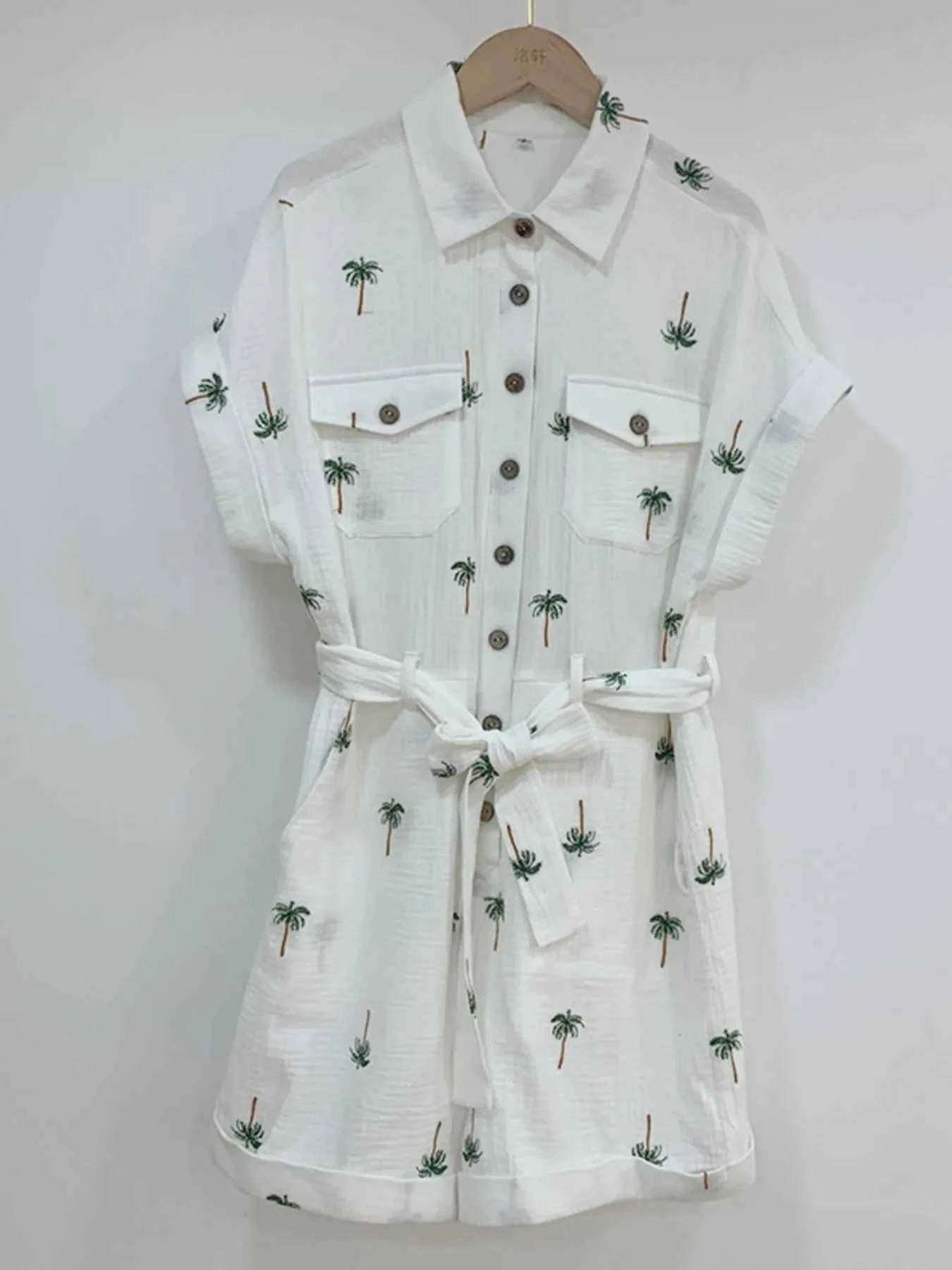 Palm Tree Print Short Sleeve Button-Up Romper with Belt 05a96b06-057d-486d-893b-27a7553fff0c-Max-Origin
