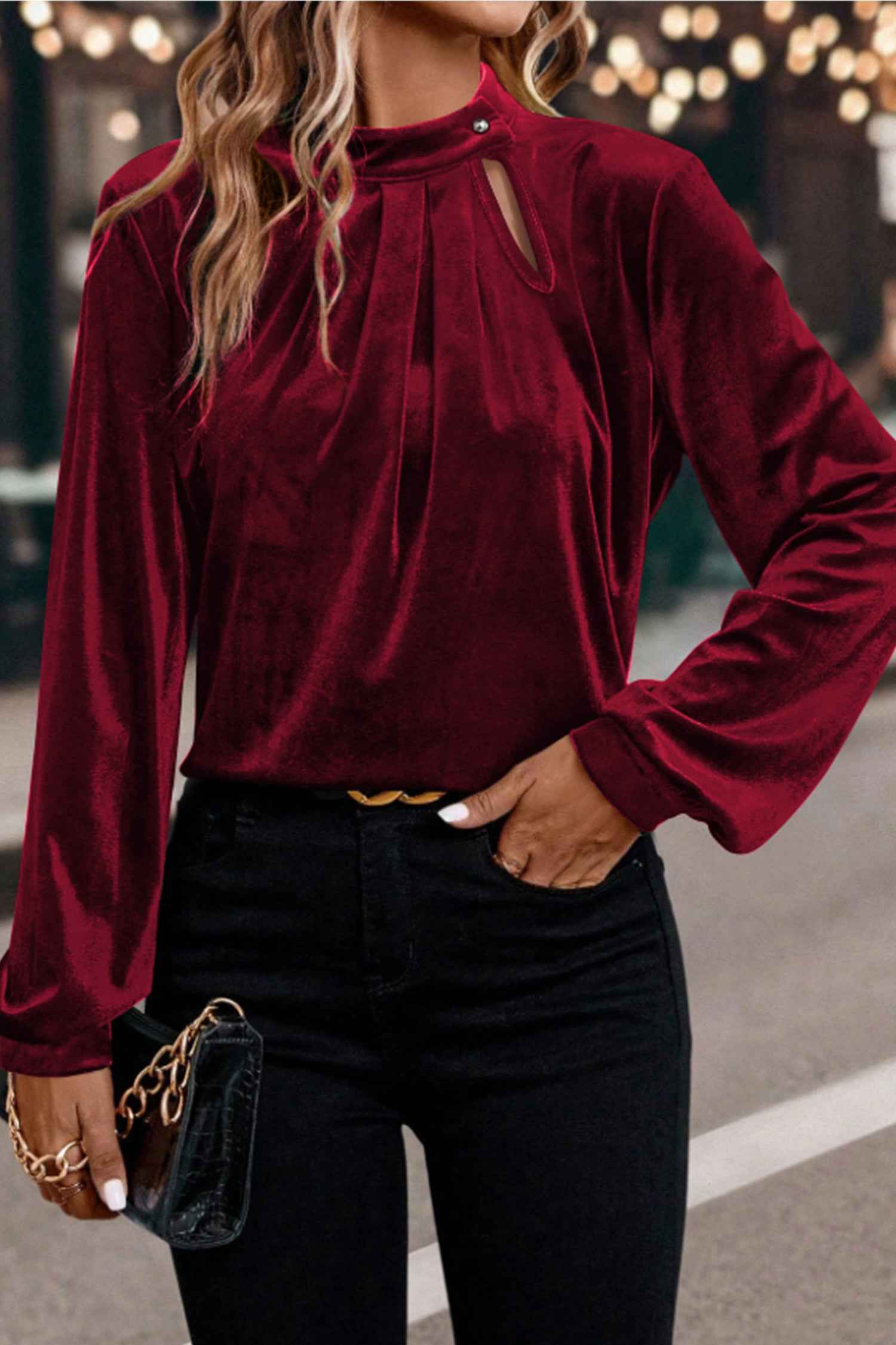 Red Dahlia Asymmetric Button Keyhole Neck Long Sleeve Velvet Blouse Red Dahlia 100%Polyester 05aa998b6cdeaa54