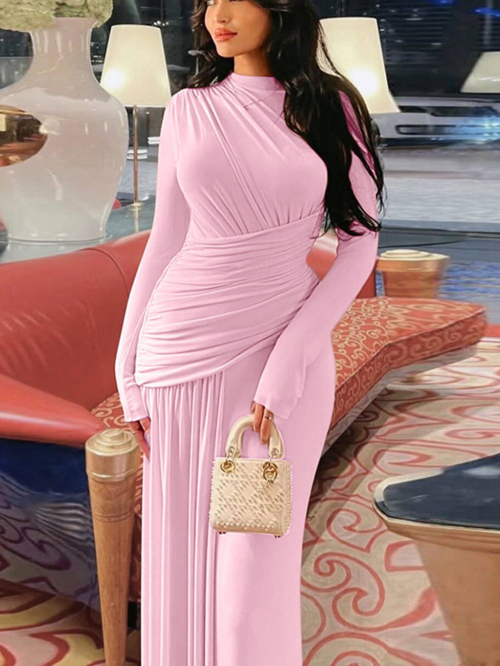 Ruched Long Sleeve Mermaid Maxi Dress 05b3ebcb-8179-4207-8f35-78916889c05e-Max