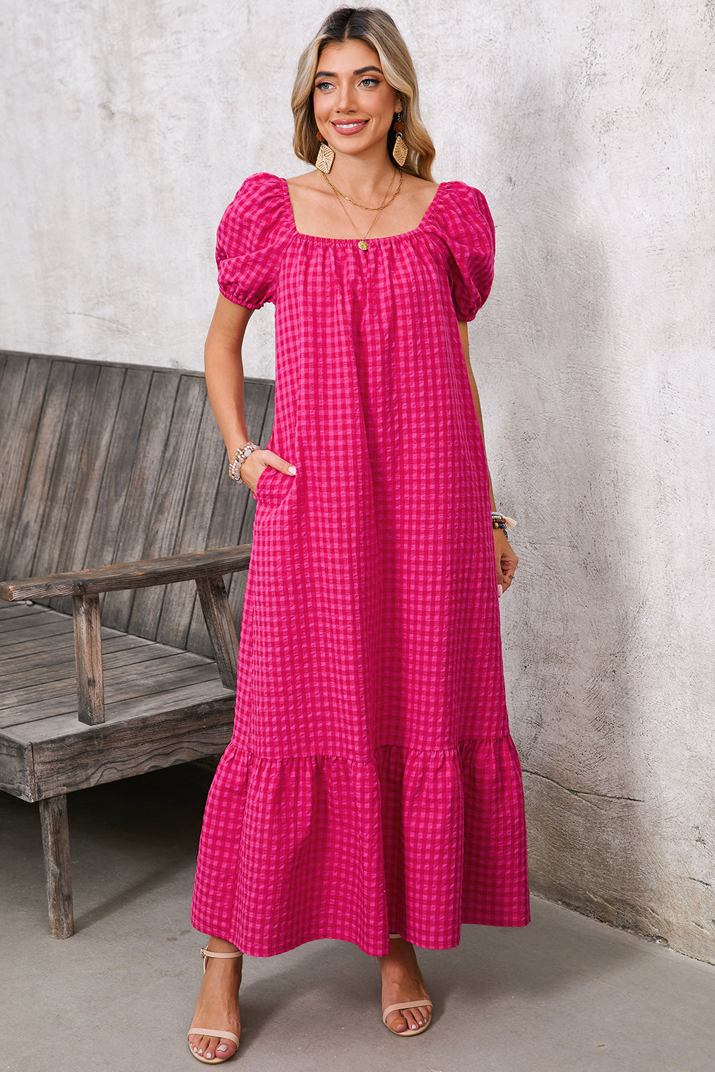 Rose Plaid Square Neck Puff Sleeve Maxi Dress 05be48d5c53f68ae