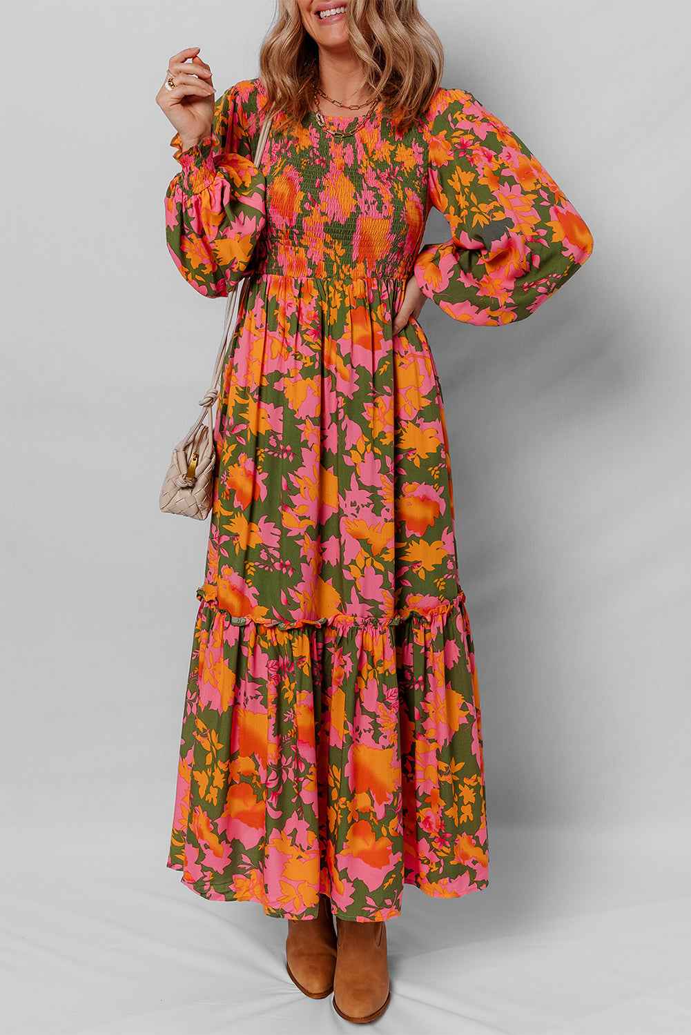 Orange Floral Puff Sleeve Smocked Bodice Frill Tiered Dress Orange 100%Viscose 05c7aad2aa8a9eb4