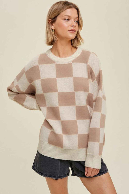 Parchment Checkered Pattern Ribbed Trim Knit Baggy Sweater 05d3bd7866be7833