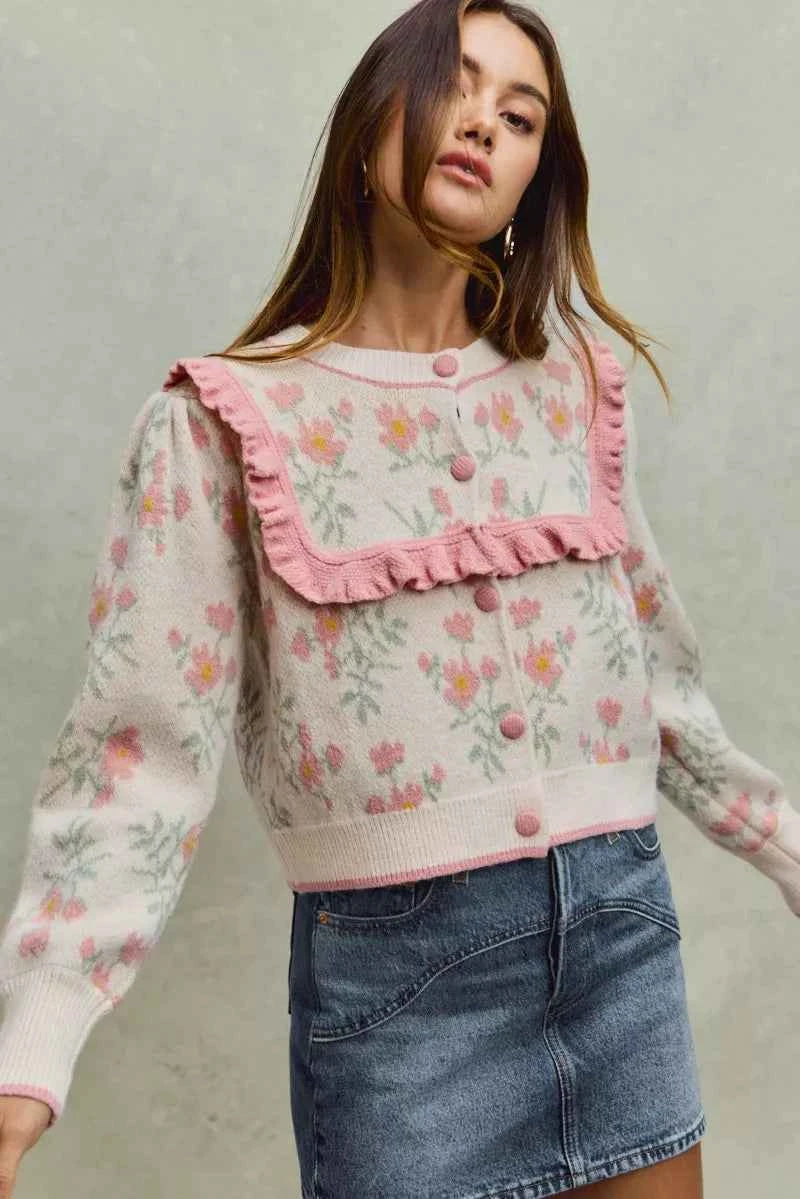 SO ME Flower With Ruffle Detailing Sweater Cardigan 05d46e17b4fe4aa496a8c29511b2919a-Max-Origin