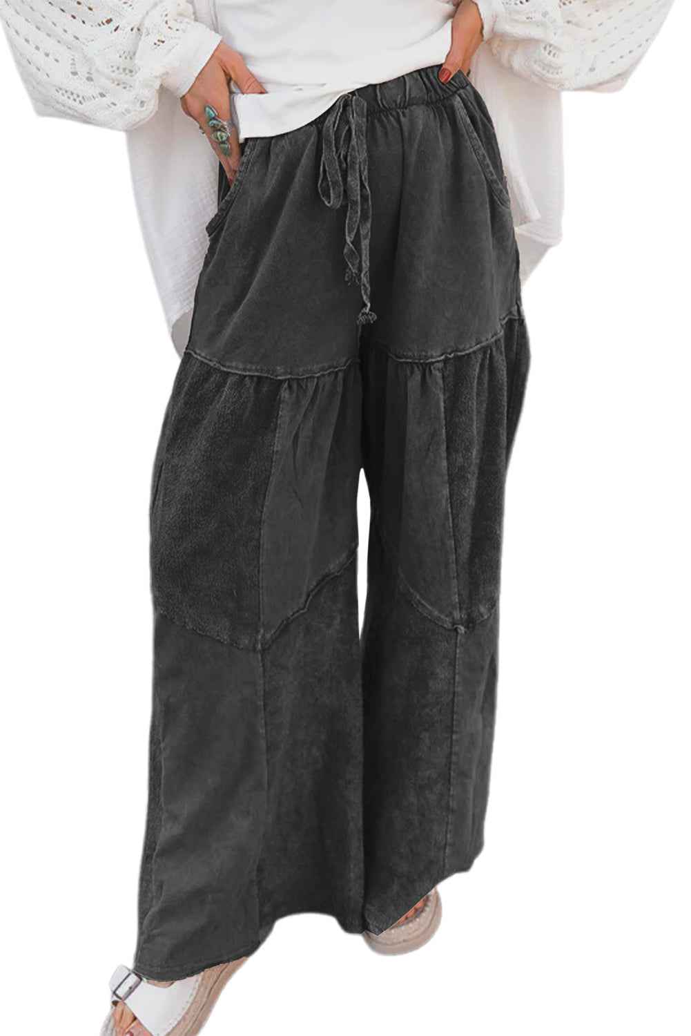 Ashleigh Blue Careys Mineral Wash Tiered Wide Leg Patchwork Drawstring Pants 05d49faec1e62f4a