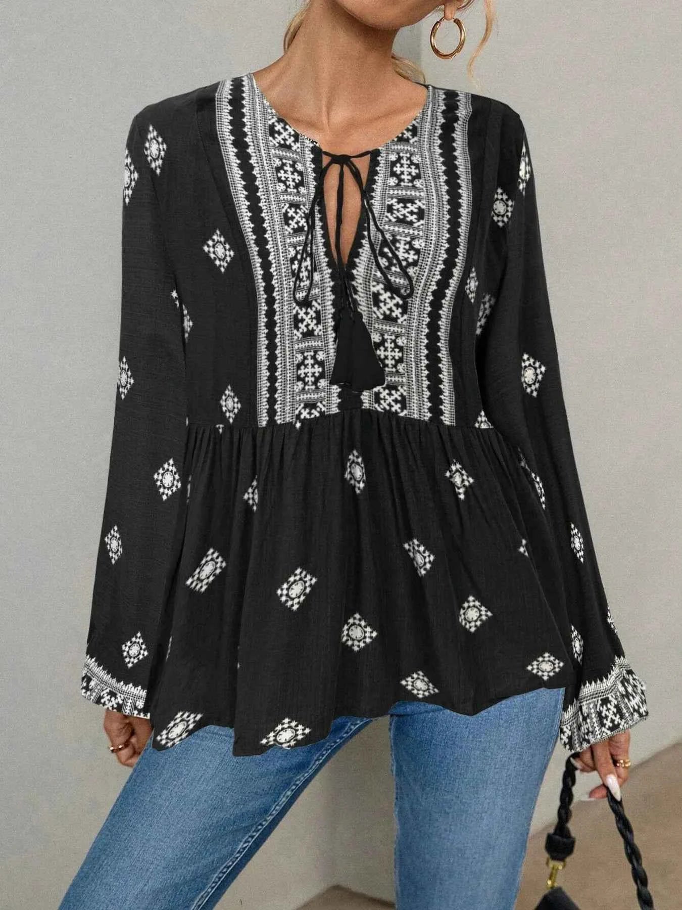 Tie Front Long Sleeve Blouse 05d515d9b97c4b52a9de5d8e1fd0ad2d-Max-Origin