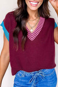 Burgundy Contrast Trim V Neck Cuffed Short Sleeve Loose Sweater Burgundy 52%Viscose+26%Polyester+22%Polyamide 05d6c3c4acc29d77