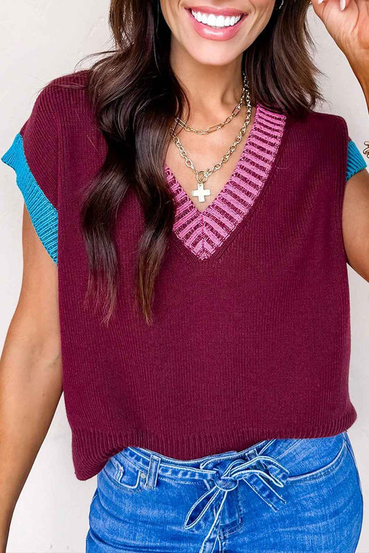 Burgundy Contrast Trim V Neck Cuffed Short Sleeve Loose Sweater Burgundy 52%Viscose+26%Polyester+22%Polyamide 05d6c3c4acc29d77