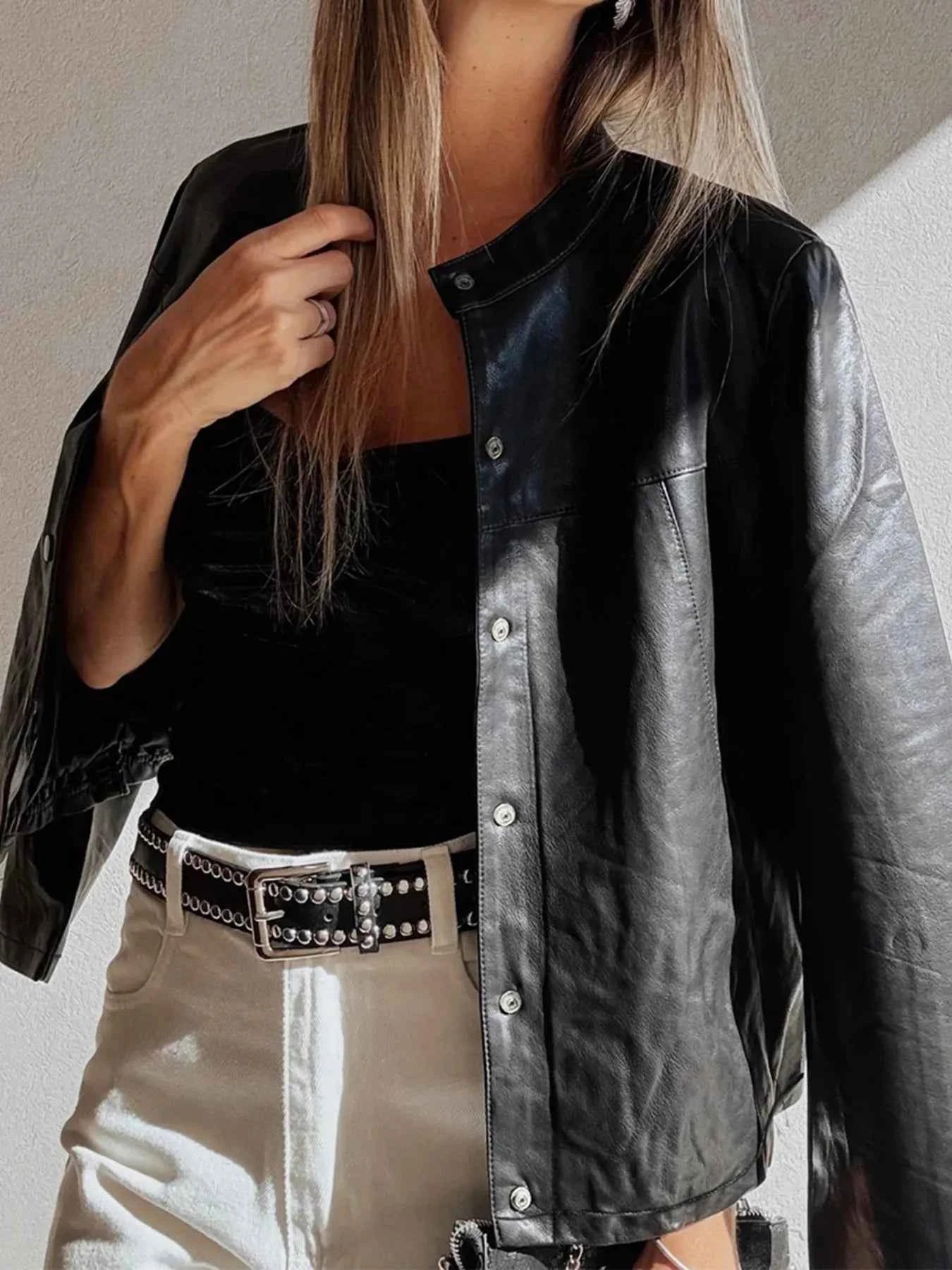 Faux Leather Buttoned Front Boxy Jacket 05de5e50-15ea-4490-83da-971027c700cd-Max-Origin