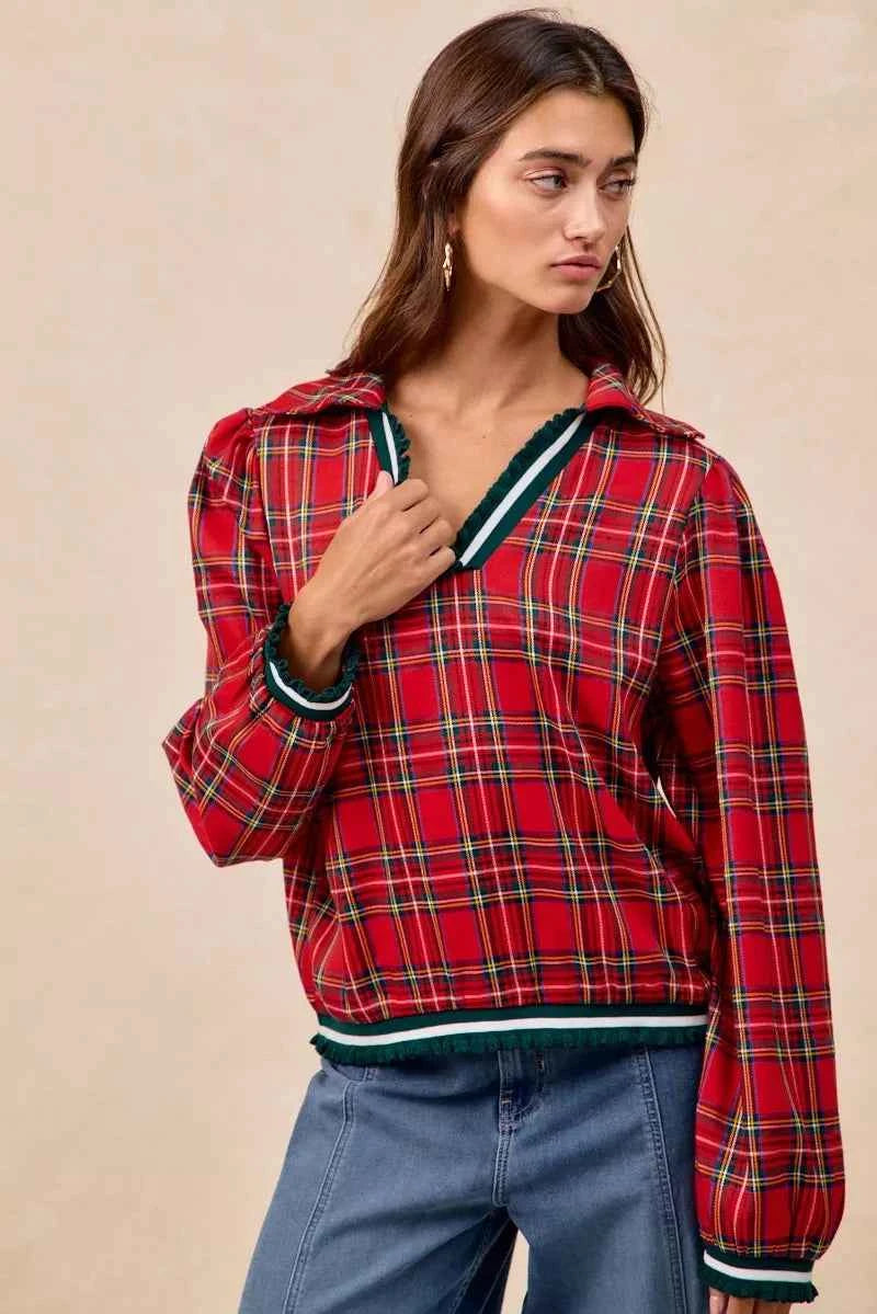 BiBi Christmas Plaid Collared Top with Ruffled Detail 05de7b1dce3b4ebc80f438646d1d837e-Max-Origin
