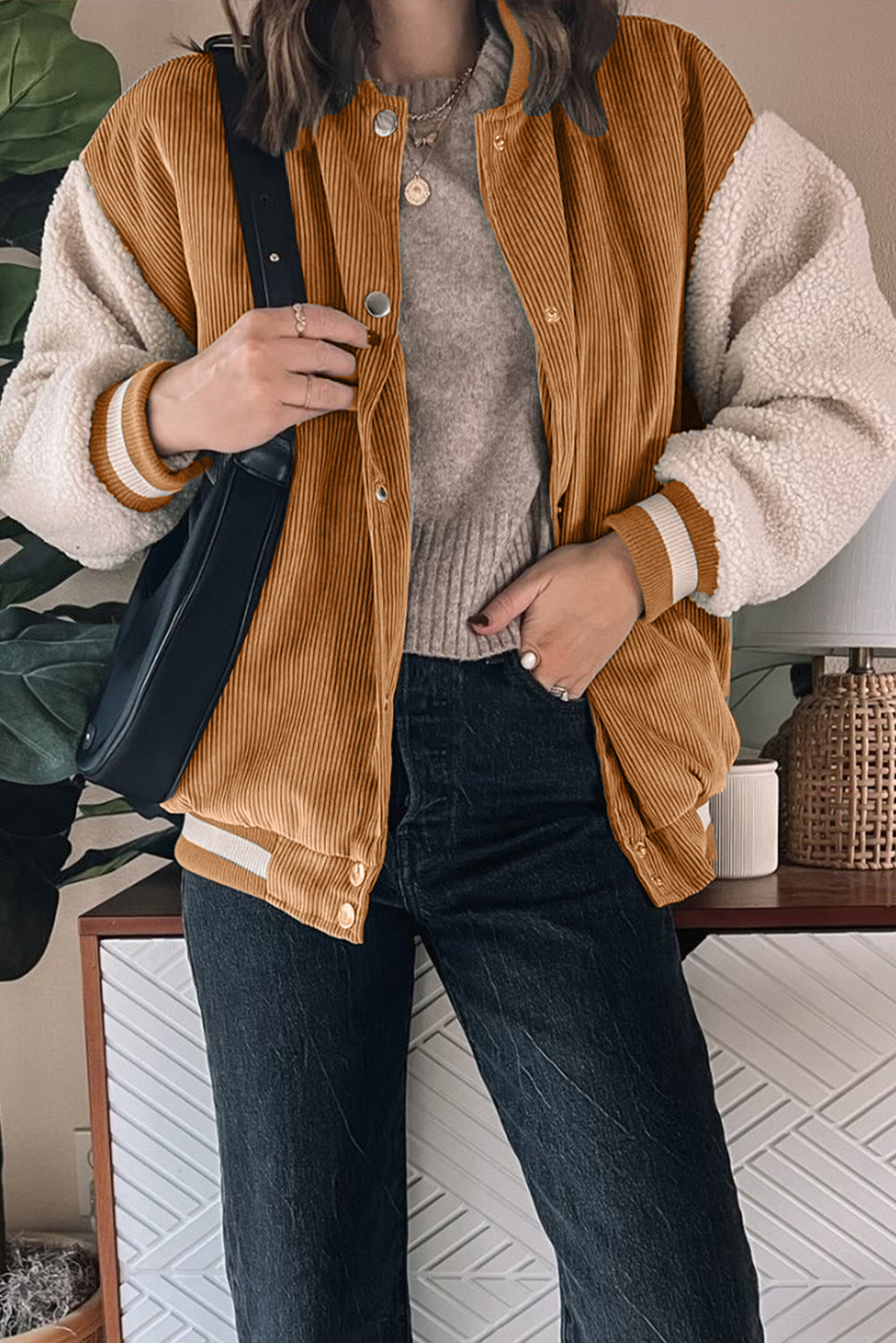 Buckskin Corduroy Fleece Patchwork Buttoned Bomber Coat 05dfdb070636da1b