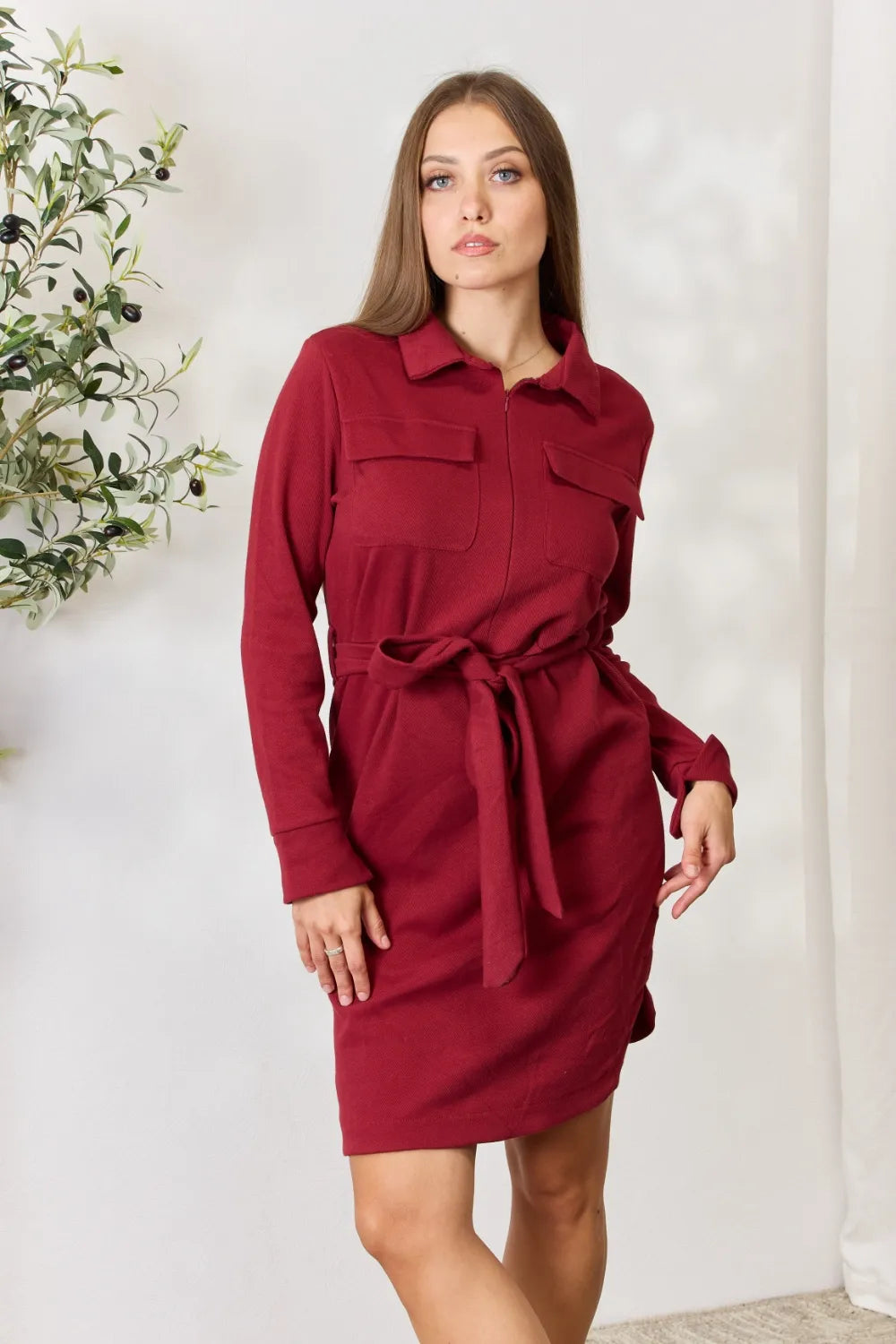 Culture Code Full Size Tie Front Half Zip Long Sleeve Shirt Dress 05eabcad93454fd0ac5d342810d07323-Max