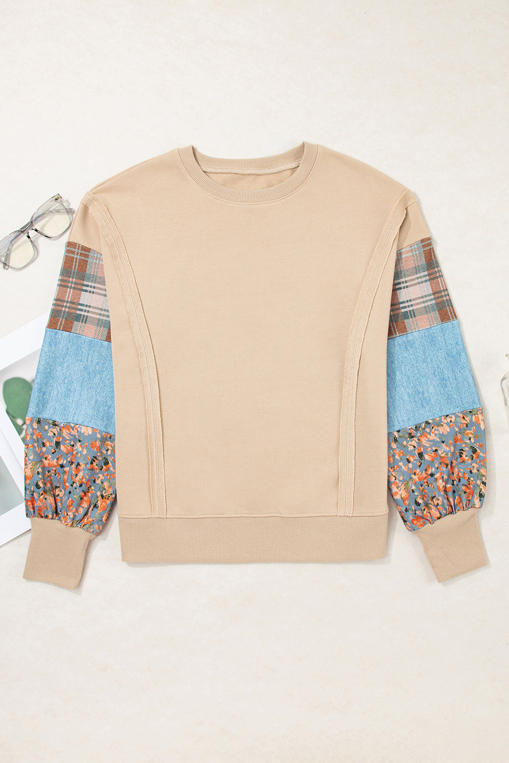 Smoke Gray Plaid Patchwork Sleeve Raw Seam Sweatshirt 05eaf81e6beeda40
