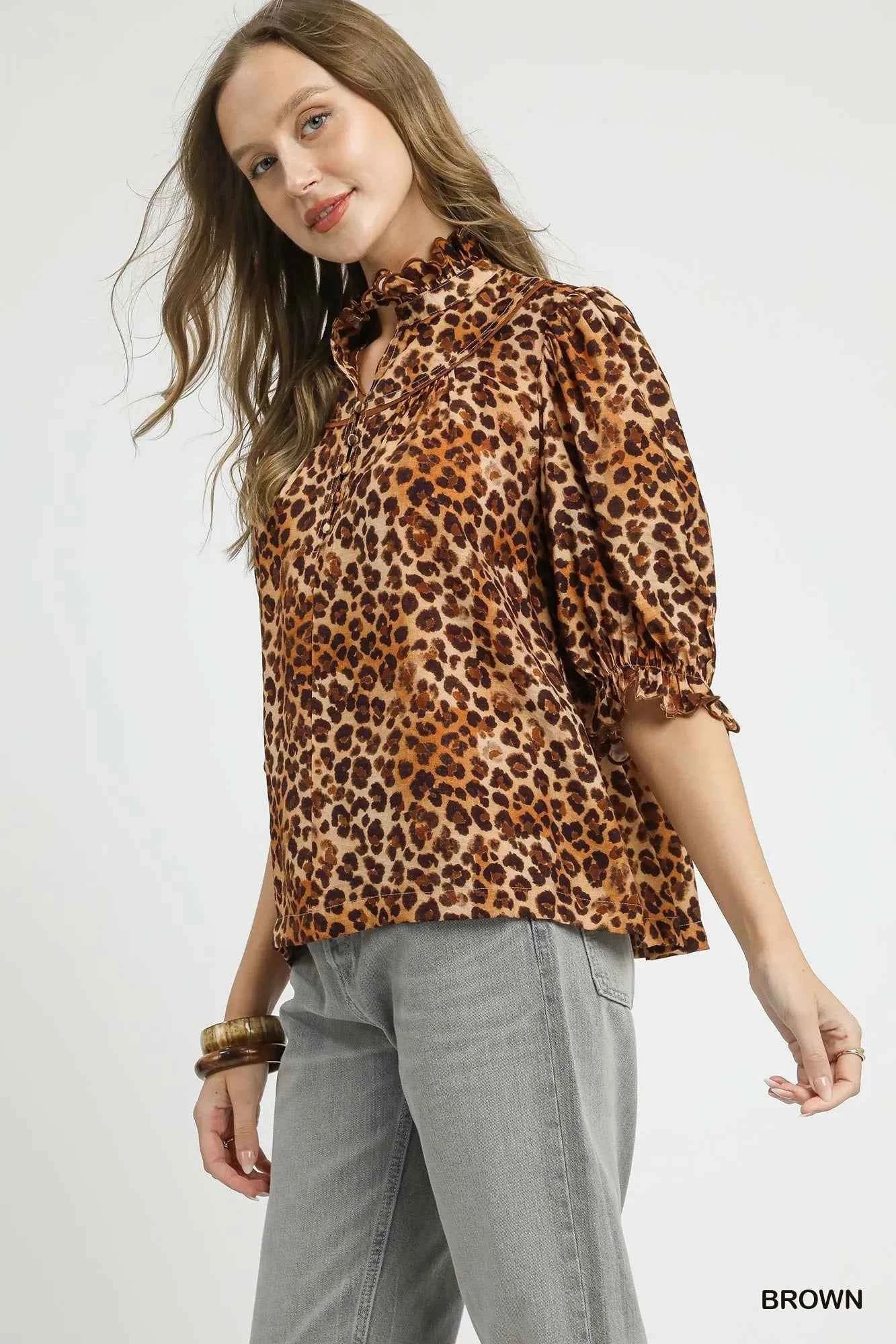 Umgee Full Size Leopard Print Ruffle Neck Blouse Plus Size 05ee6fb1-6cdd-4ccf-b128-acdb9540189b-Max-Origin
