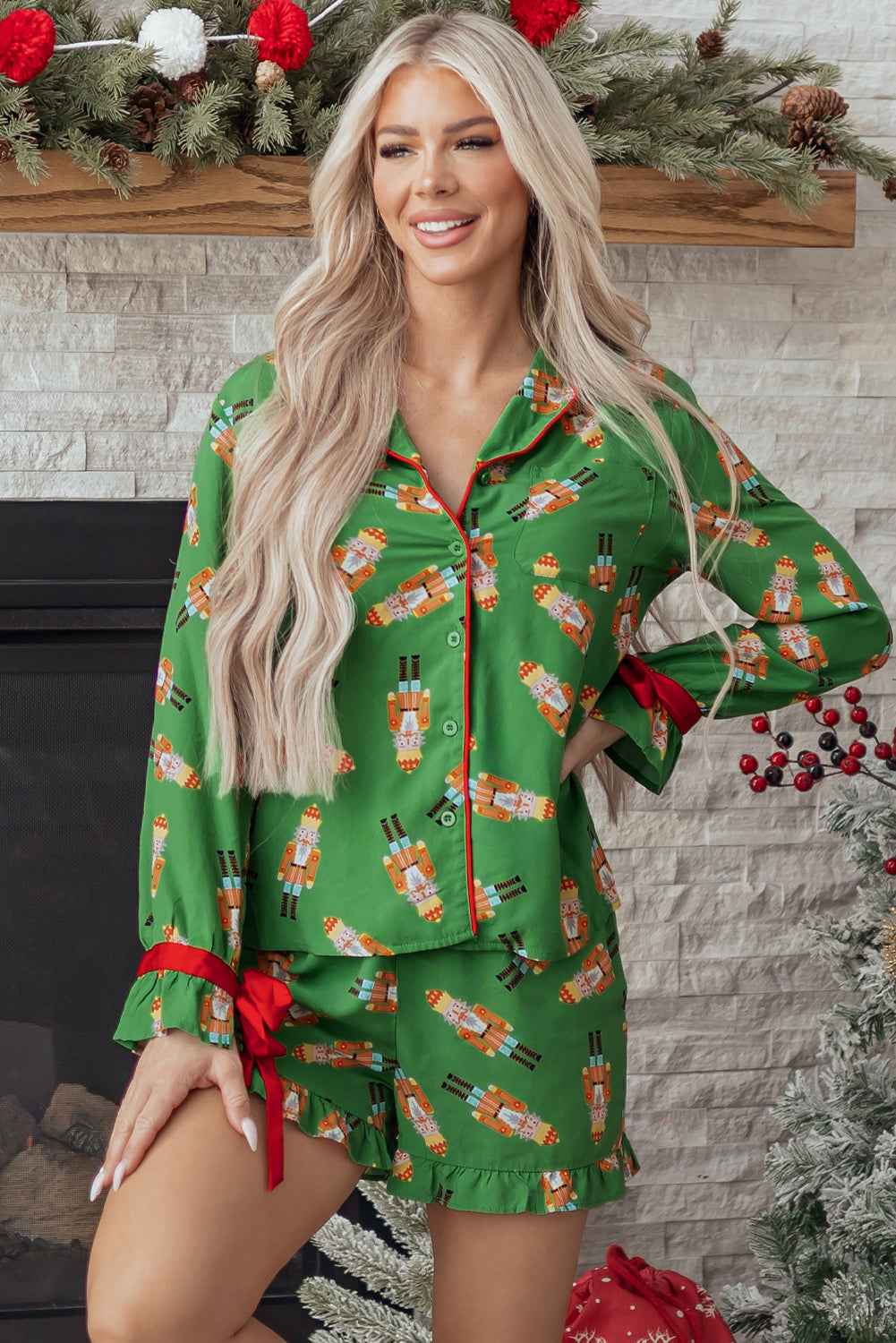 Green Christmas Candy Contrast Trim Bow Knot Silky 2pcs Pajama Set 05f2be40c050ac17