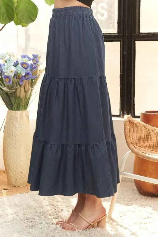 ADORA Waist Band Tiered Denim Maxi Skirt 05f74631329c43d3949aa3ee89b7c4ee-Max-Origin