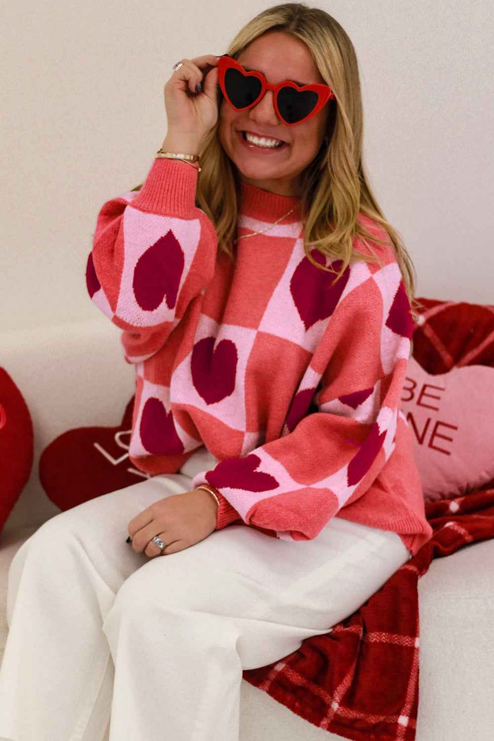 Pink Plus Size Heart Checkered Colorblock Lantern Sleeve Sweater 05f8d2218aa3b75d