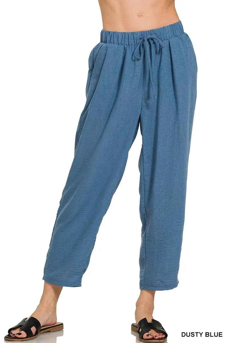 Zenana Woven Crepe Elastic Band Waist Pants DUSTY BLUE 05f9073c0f2e44ea99b4dfaa13be6e00-Max-Origin