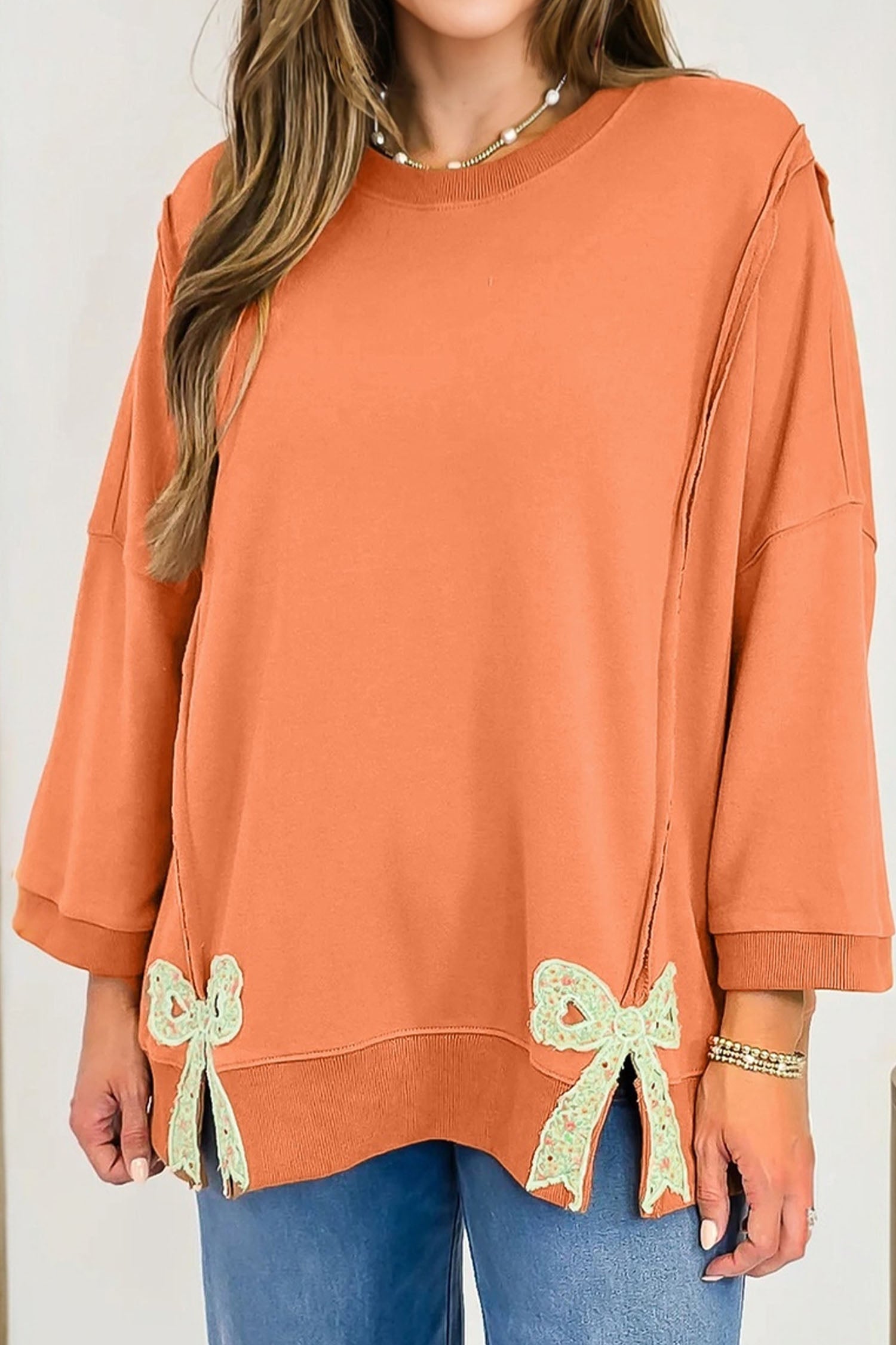 Pink Floral Bow Patched Exposed Seam Patchwork Slit Baggy Sweatshirt Grapefruit Orange 65%Polyester+35%Cotton 05fc72f6dcaff494