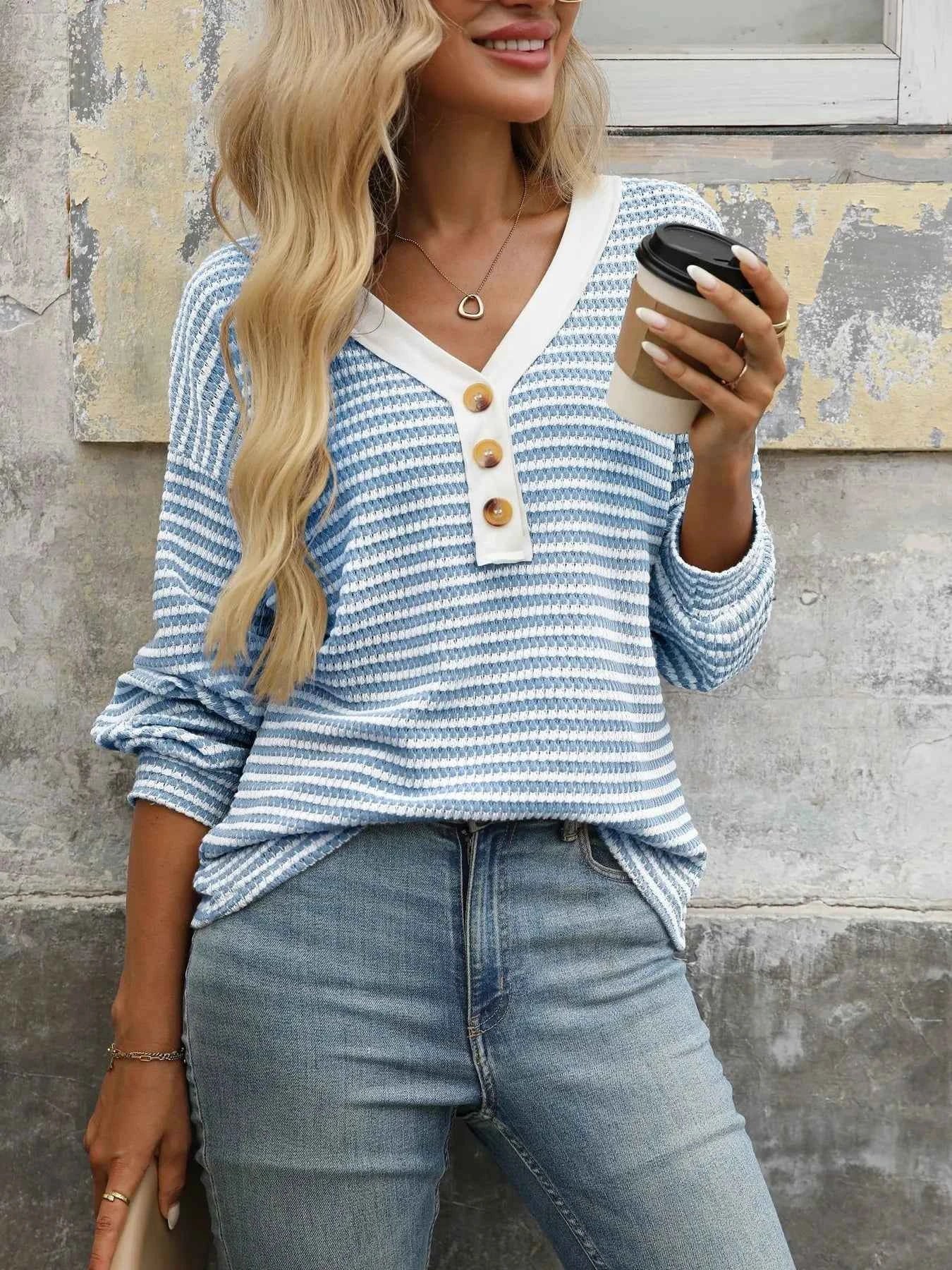 Striped V-Neck Button Front Casual Top Sky Blue 06024434b6dc4c429fa97011f27a9604-Max-Origin