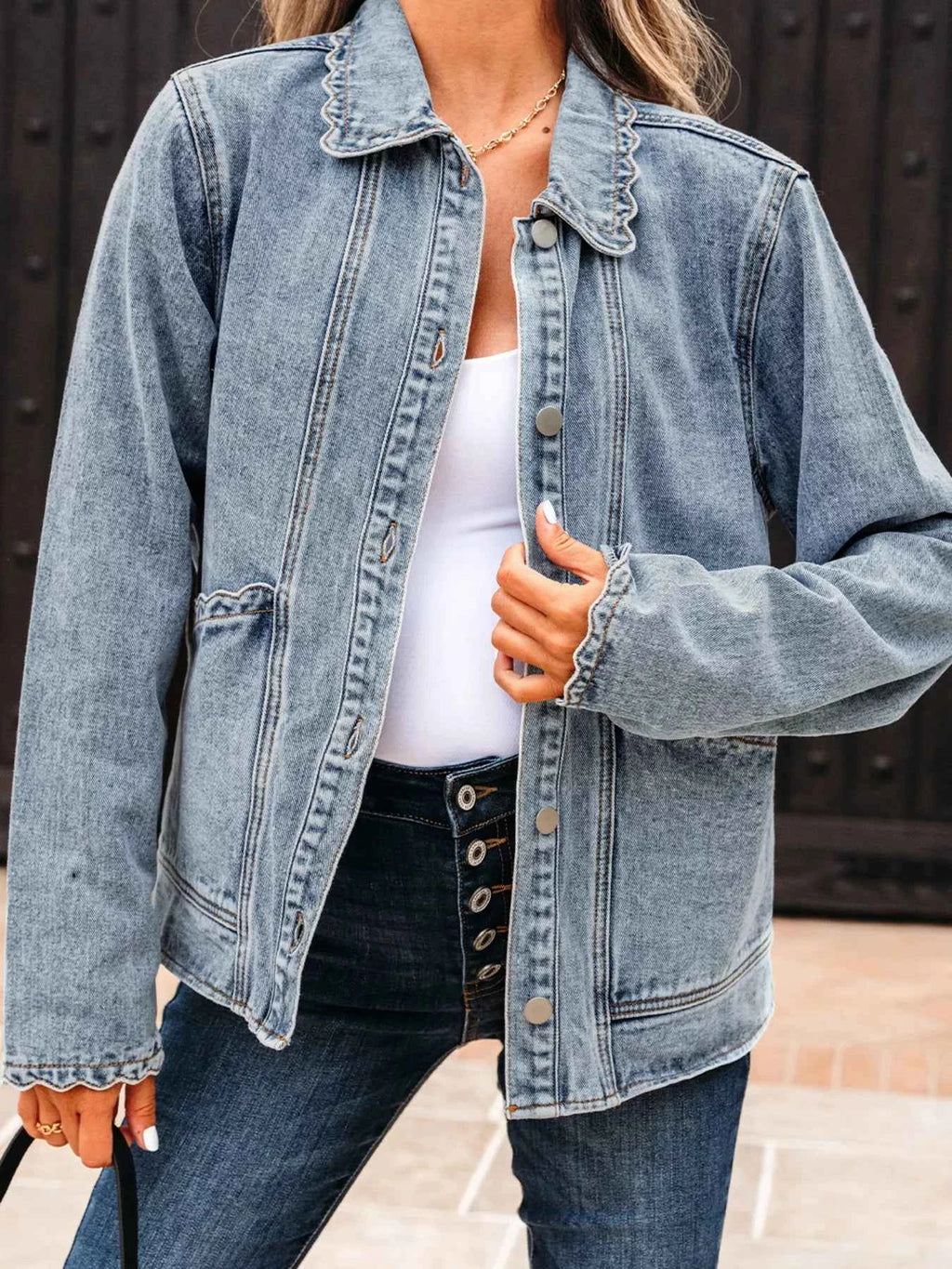 Scallop Trim Collar Patched Pocket Button Up Denim Jacket 0602fd55a5f94be8a2608076bcb9c7b1-Max-Origin