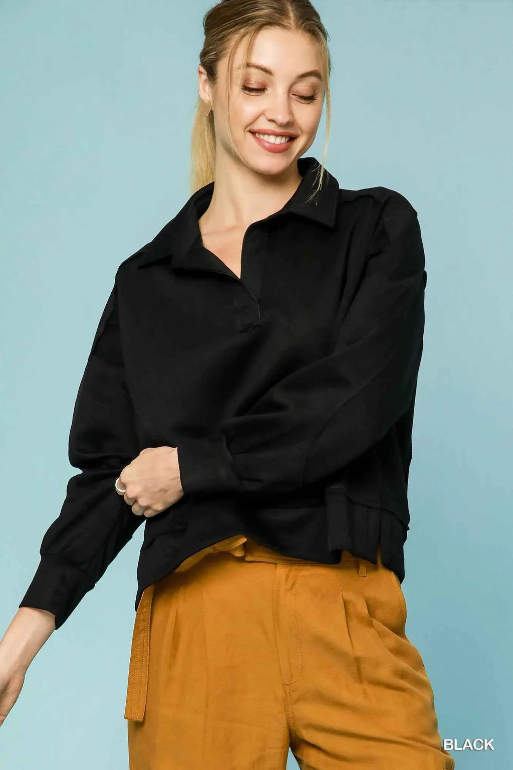 Umgee Collared Neck Long Sleeve Top with Raw Hem Detail Black 0603aab9-a480-4ad8-9ceb-4bf56de497d3-Max-Origin