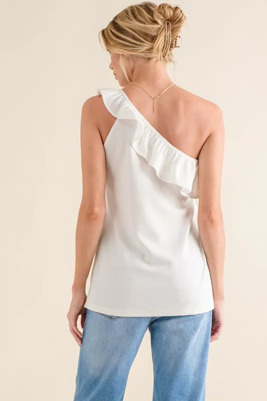 Ruffle One Shoulder Sleeveless Tank Top - Asymmetrical 100% Polyester 06087b57a1234862afca0fe23afd26ec-Max-Origin