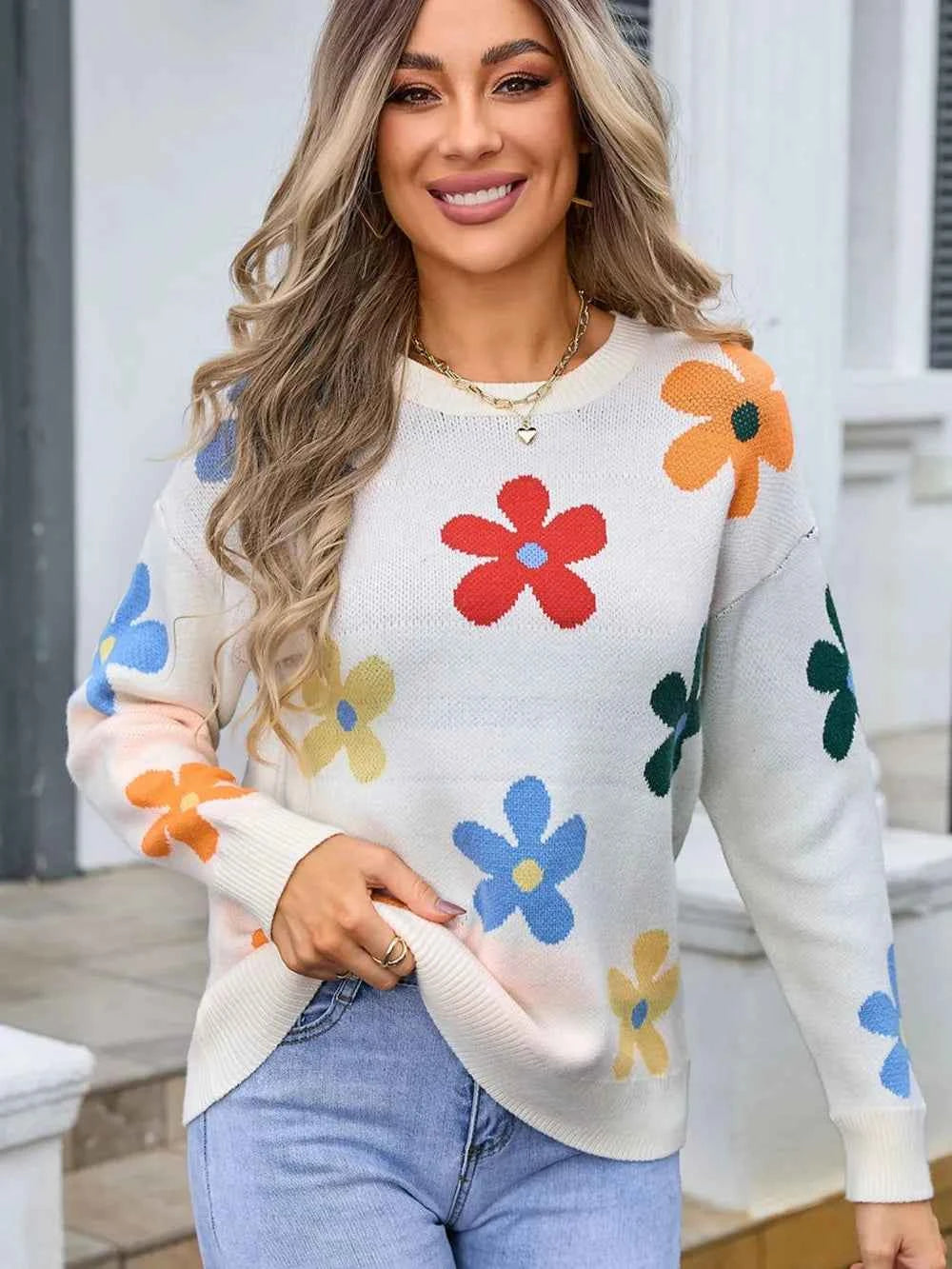 Angel Wings Flower Round Neck Long Sleeve Sweater 060baab4-a7fa-448f-ada2-4de8eae9a04b-Max