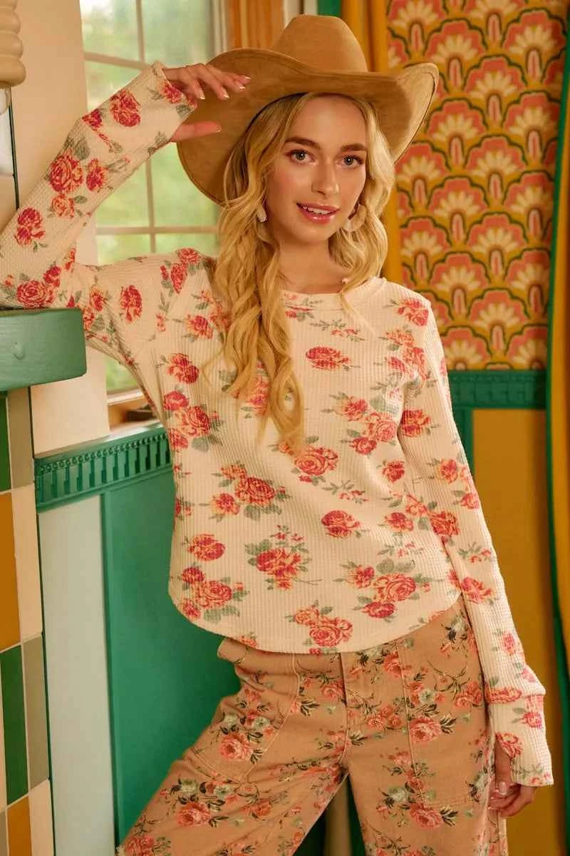 BiBi Floral Print Washed Waffle Thermal Top With Thumb 060f64a3878c46ddae4c9ceae7d179c1-Max-Origin