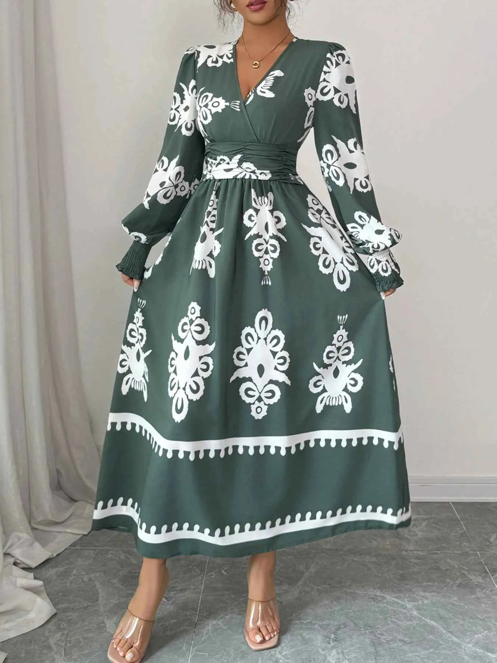 Printed Surplice Lantern Sleeve Dress 0610aab7-0025-4b09-b8cb-5918ba39a512-Max-Origin