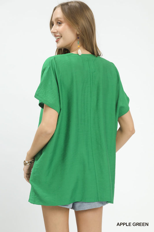 Flowy V-Neck Short Sleeve Blouse 06129dee-1e3a-427a-b9ff-a411a73e3c21-Max