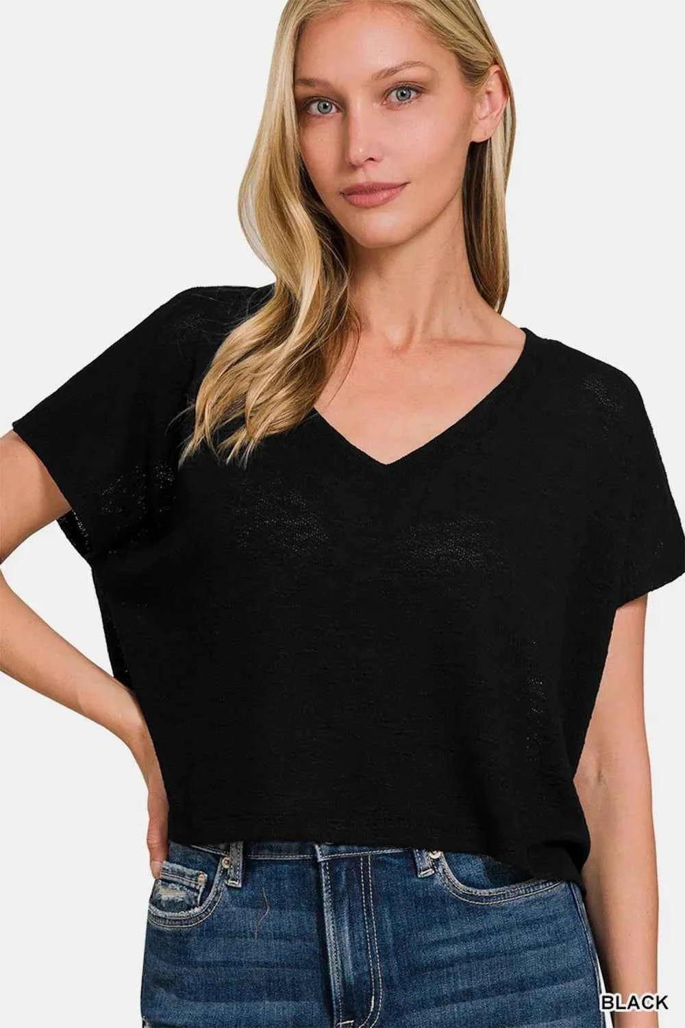 Zenana V-Neck Short Sleeve Crop T-Shirt Black 0614b9d3-c03d-44b1-aaed-f9e8f20a4918-Max