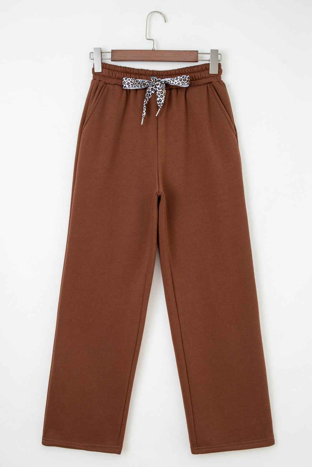 Oatmeal Fleece Lined Leopard Drawstring Elastic Waist Solid Pants 061544885a06abac