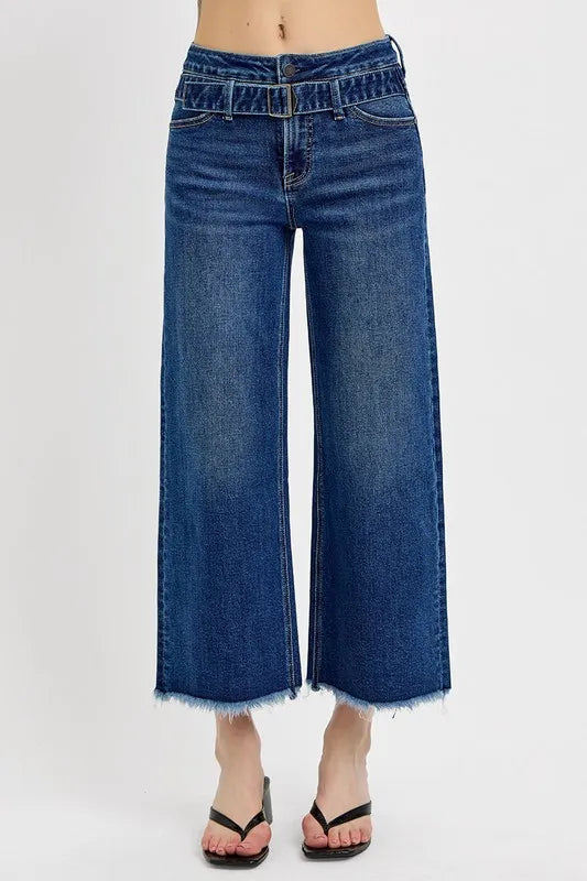 RISEN Raw Hem Wide Leg Attached Buckle Jeans Dark 061a9526-c4d8-44b6-8cae-106a14348ebf-Max