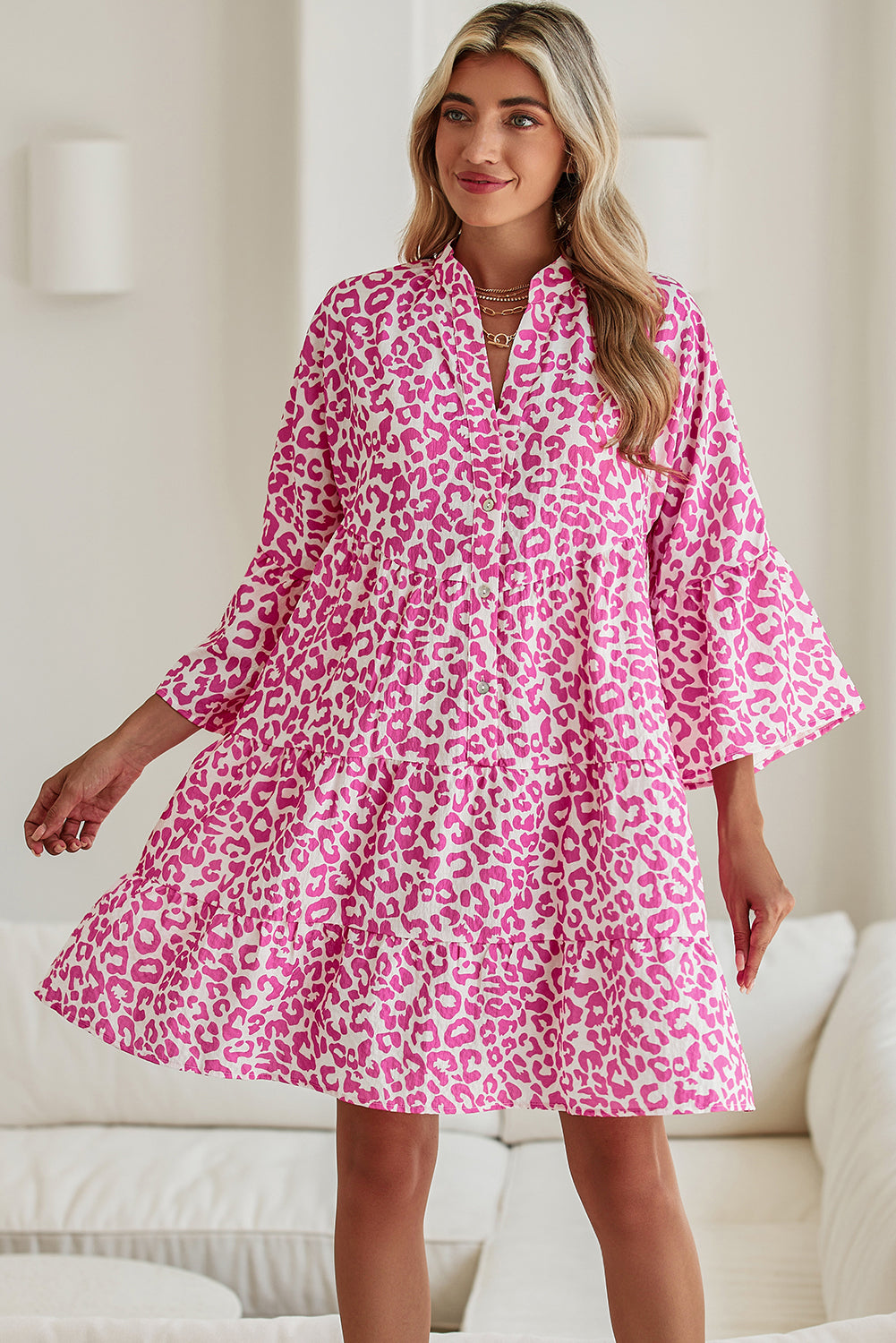 Bright Pink Leopard Print Flounce Sleeve Mini Dress 061af1eaa9f64ecd