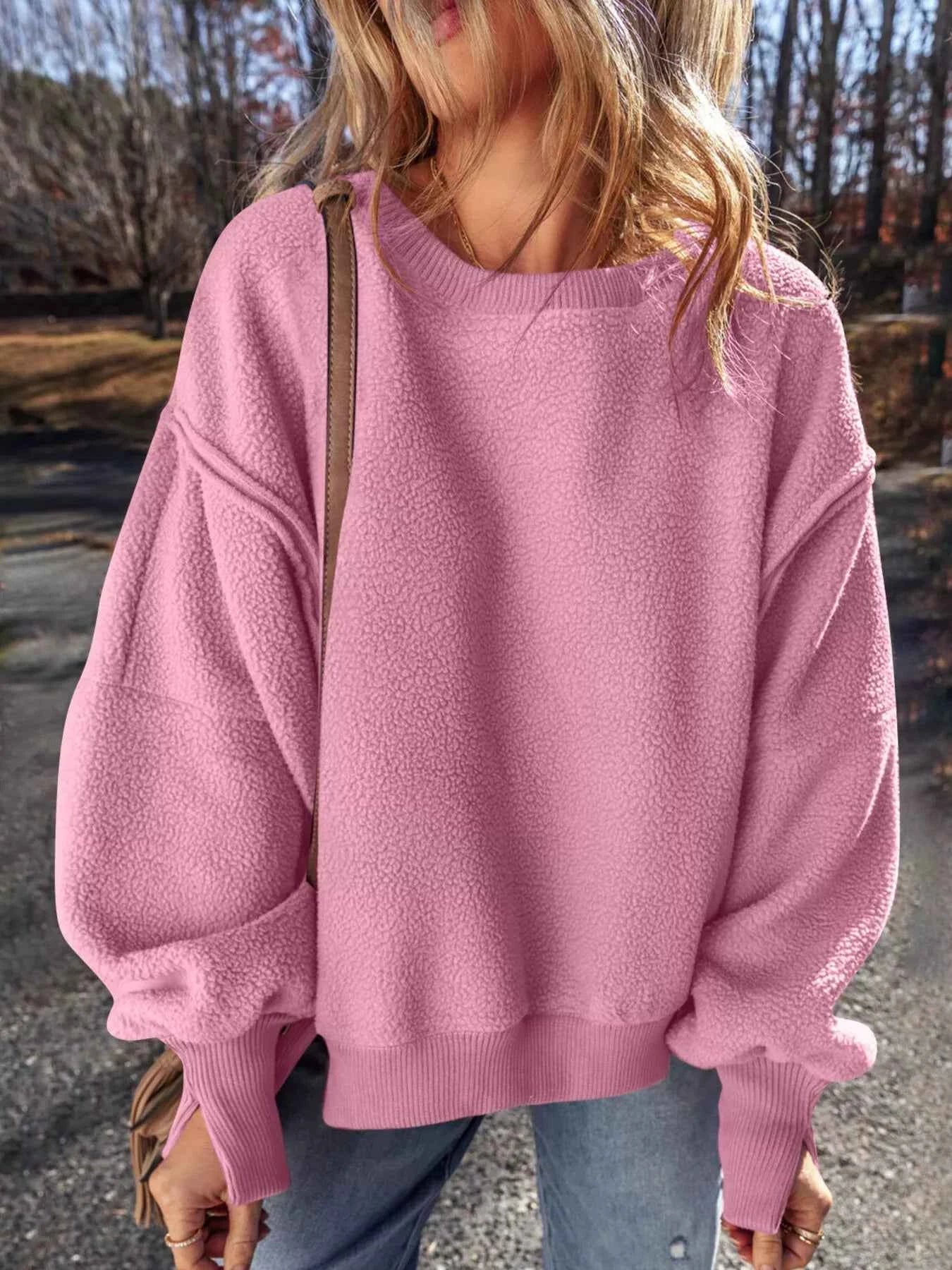 Round Neck Dropped Shoulder Sweatshirt Pink 061cd8254f0c4a50b85433131db6d0e0-Max-Origin