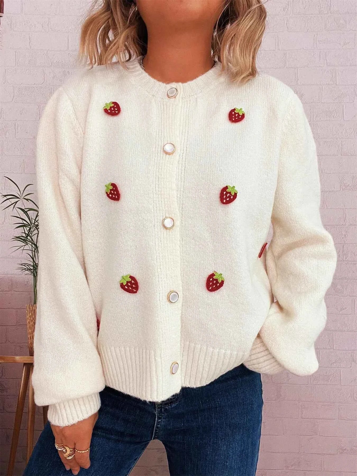 Strawberry Button Up Long Sleeve Cardigan White One Size 061eaf1a0dd048c89dc3605f934c1a24-Max-Origin