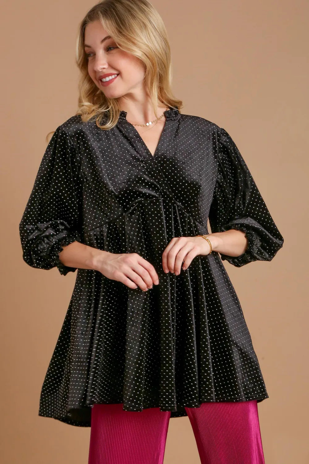 Umgee Full Size Beaded Frill Flounce Sleeve Velvet Babydoll Blouse Black 061fc7d7-3921-4c32-b0be-9527740b3857-Max