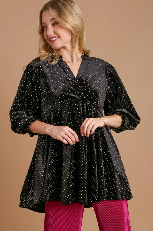 Umgee Full Size Beaded Frill Flounce Sleeve Velvet Babydoll Blouse Black 061fc7d7-3921-4c32-b0be-9527740b3857-Max