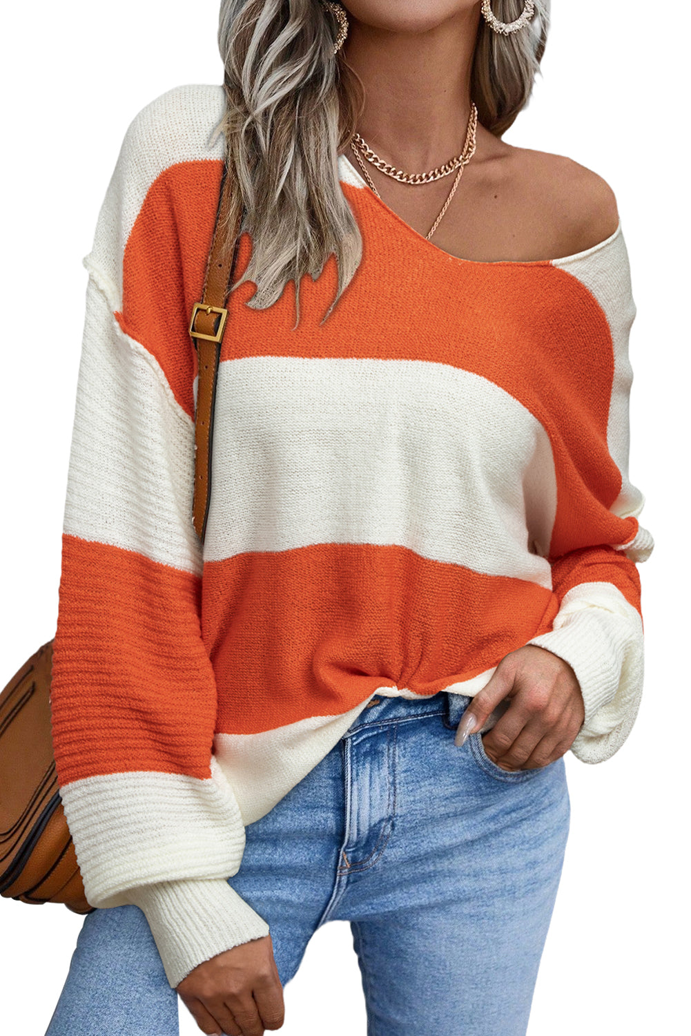 Orange Colorblock V Neck Side Slits Sweater 06214a8ec89bbaf5