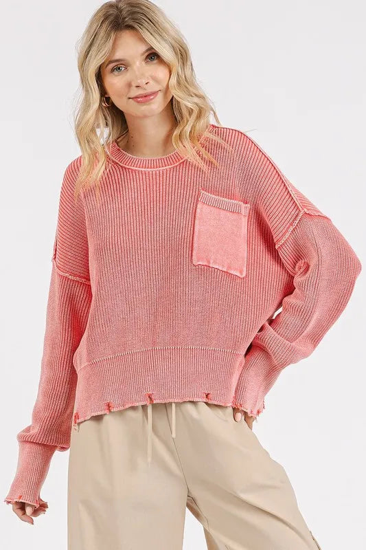 Mittoshop Distressed Hem Round Neck Dropped Shoulder Sweater Strawberry 06243aa8-18b1-4b73-a0c2-6fba1f54b1e7-Max