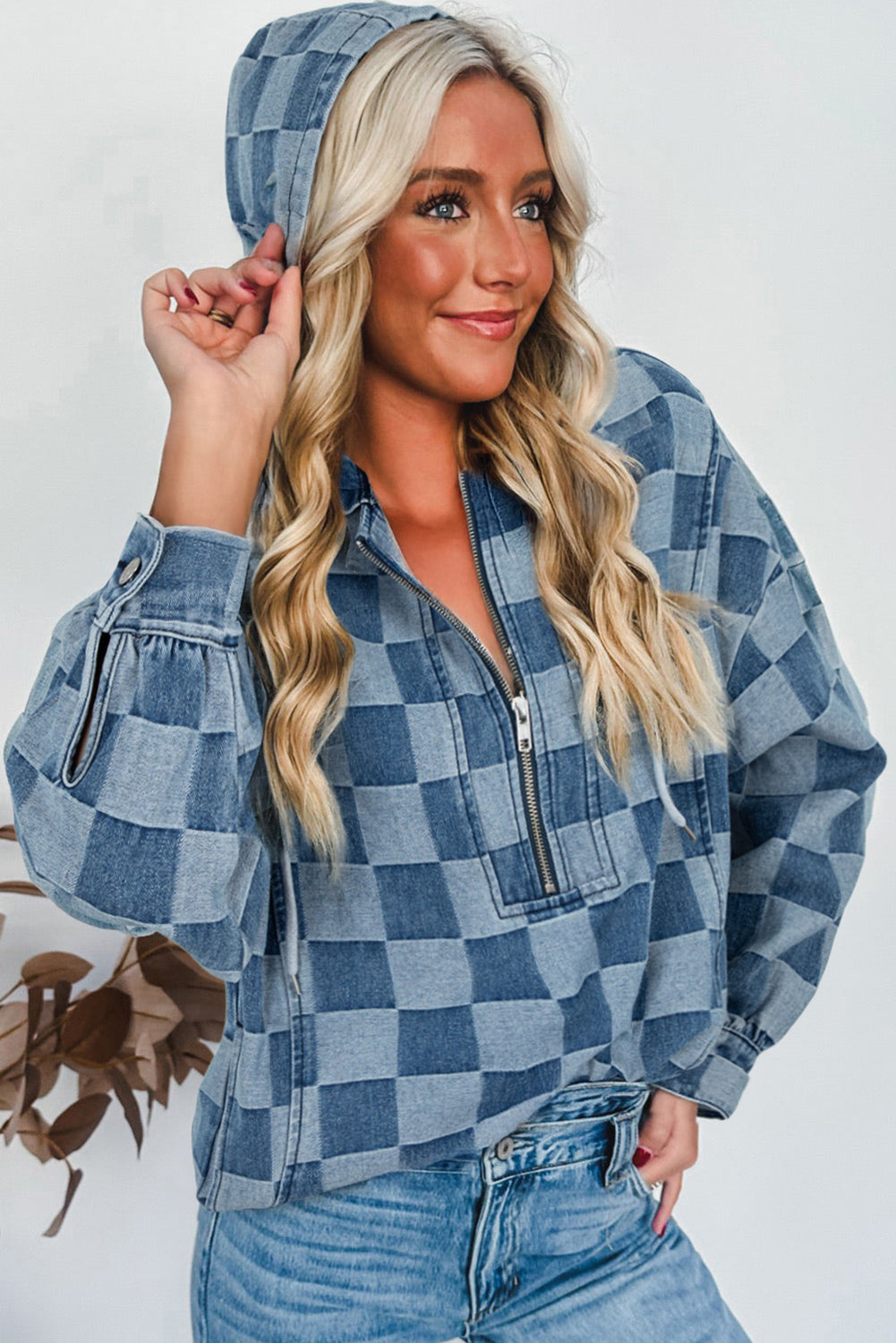 Sky Blue Checkerboard Zipped Collar Kangaroo Pocket Denim Hoodie 06259c7c8a346730