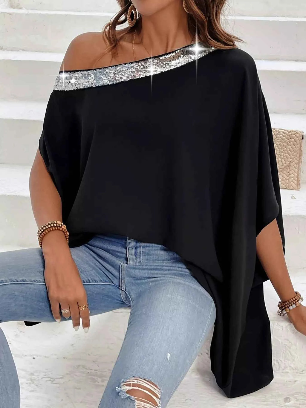 Sequined One Shoulder Batwing Sleeve Blouse 0625f5e3ac564f4a90e3515b1b1f87df-Max-Origin