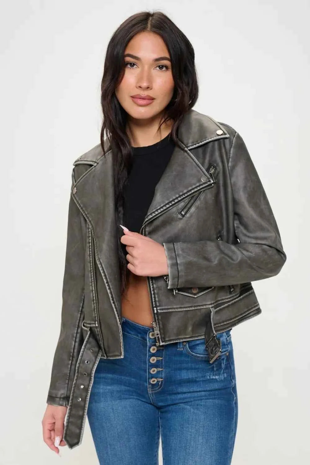 Coalition LA Zip Up Biker Jacket with Belt 062ef2e6-562e-45a3-98b5-d4f3dda6261d-Max
