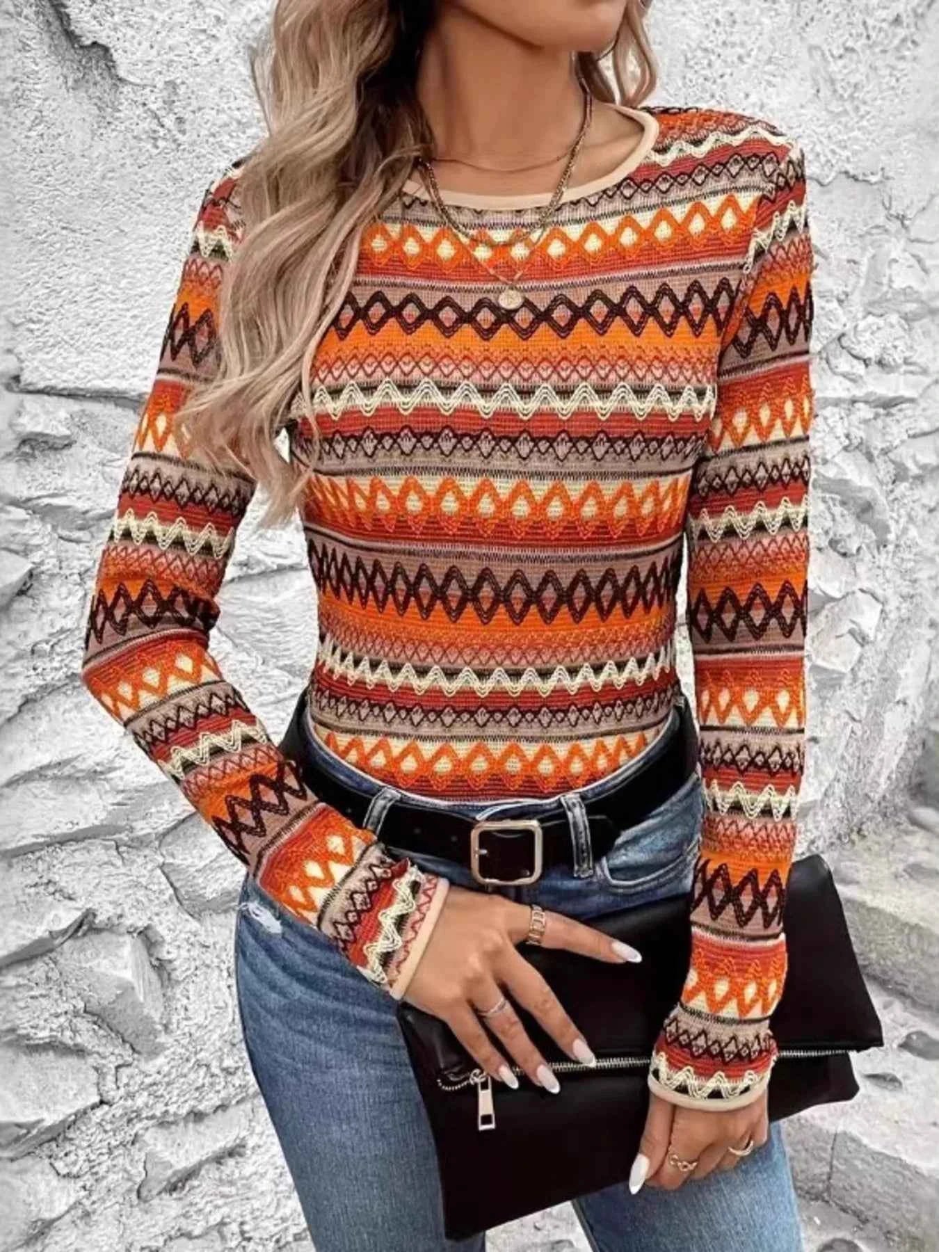Bohemian Geometric Pattern Long Sleeve T-Shirt