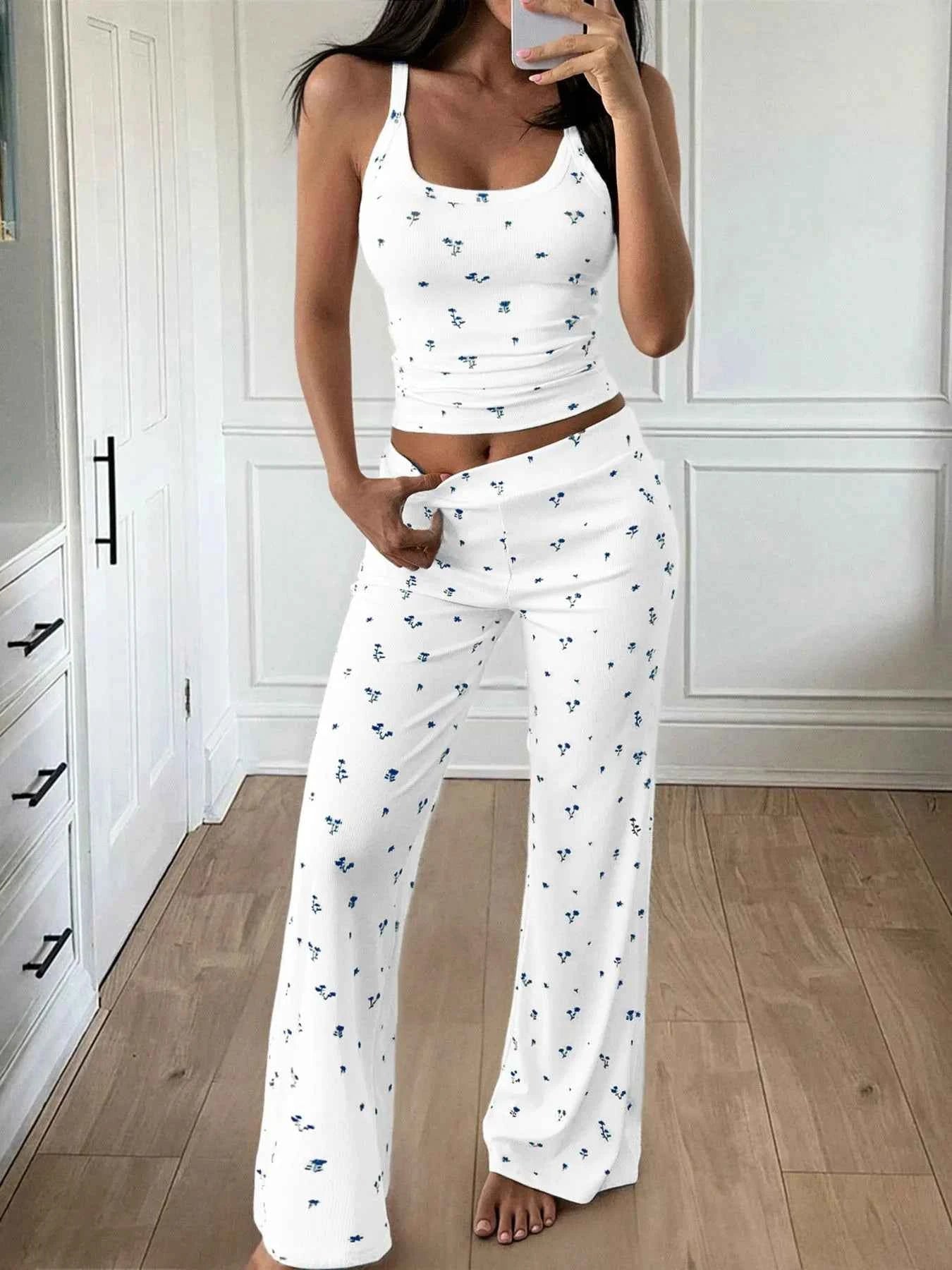 Floral Ribbed Cami and Wide Leg Pants Set White 06316349-b814-4298-8376-eebaa4265cbd-Max-Origin