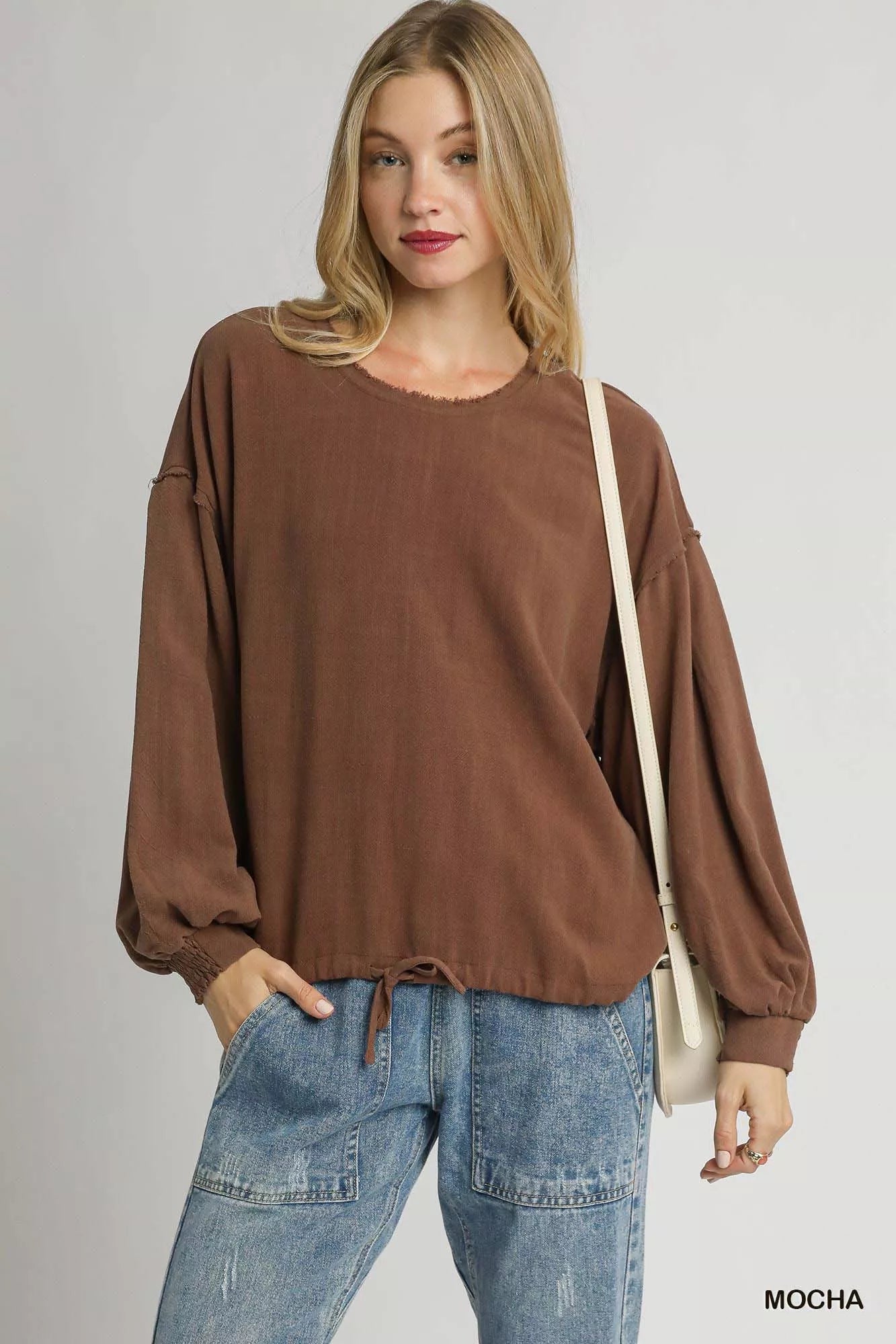 Umgee Linen Long Sleeve Top with Drawstring MOCHA 0633ca07-dcfe-4bde-8e5a-f433d3afd2ea-Max-Origin